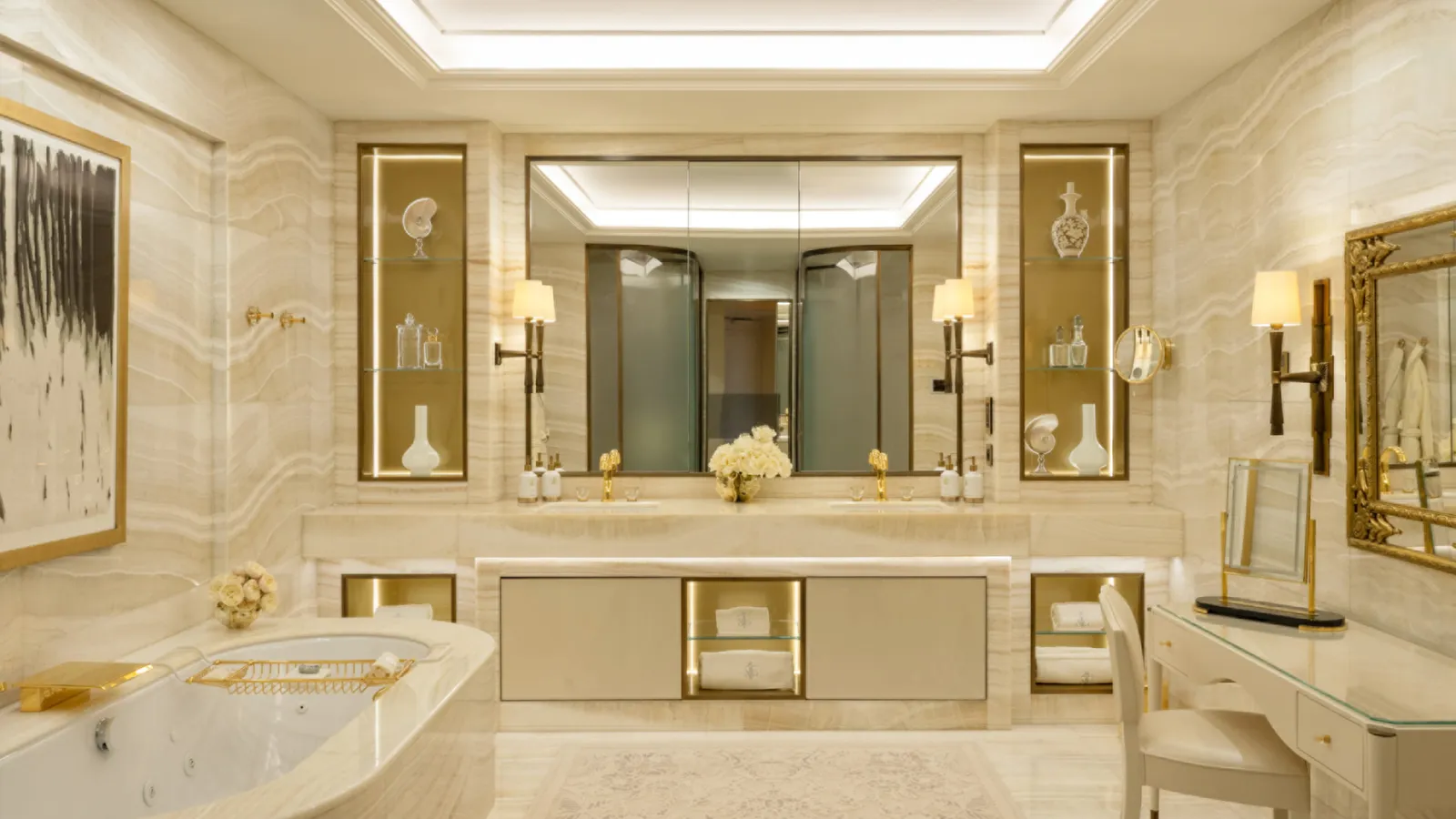 A marble bathroom with 2 basins and a large mirror