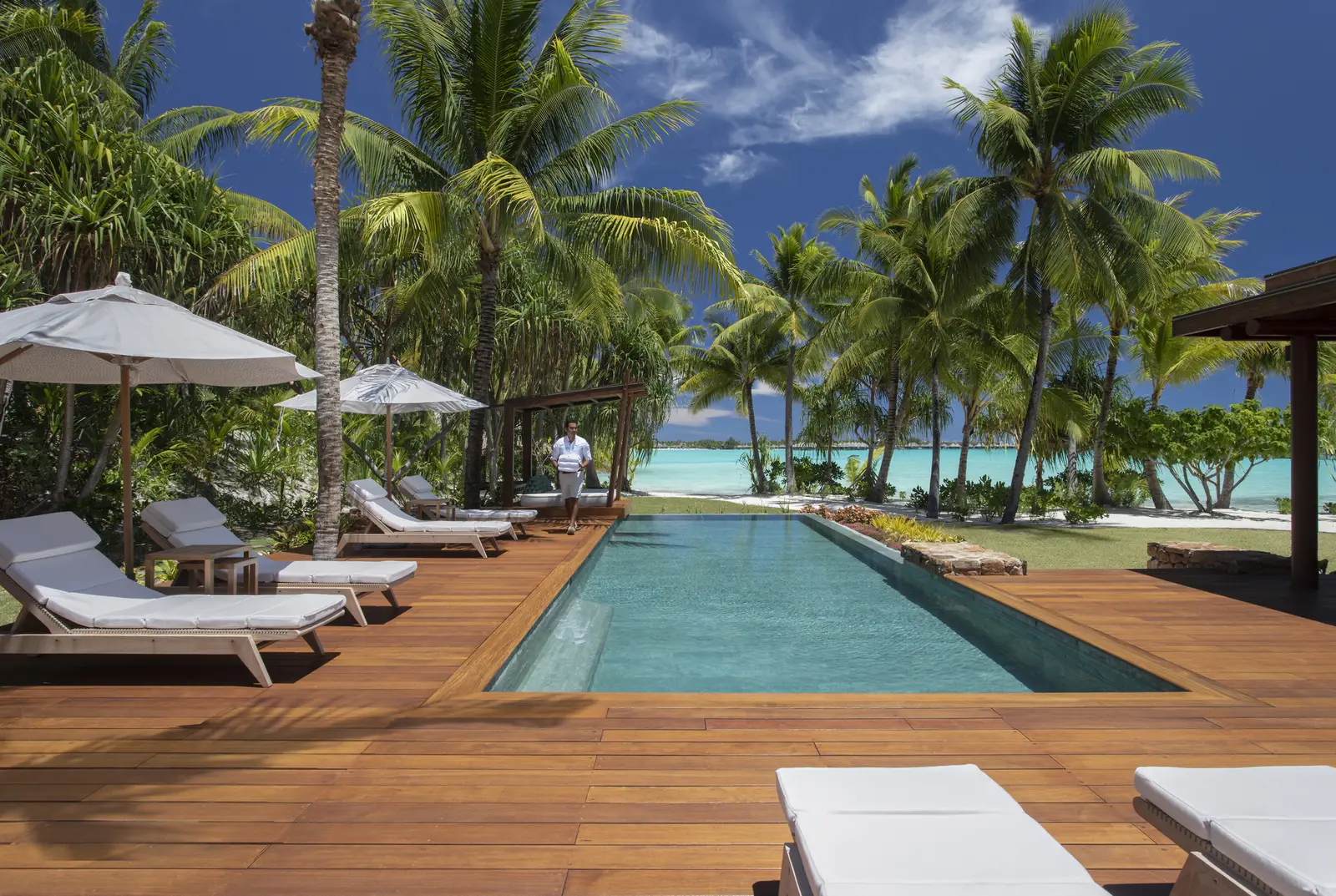A long pool on a timber deck among the palms, the beach at its end