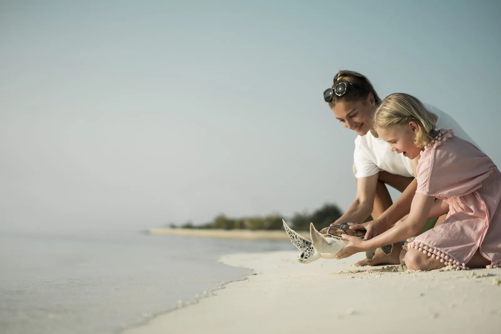 A mother and a little girl releasing a baby turtle into the sea from the beach