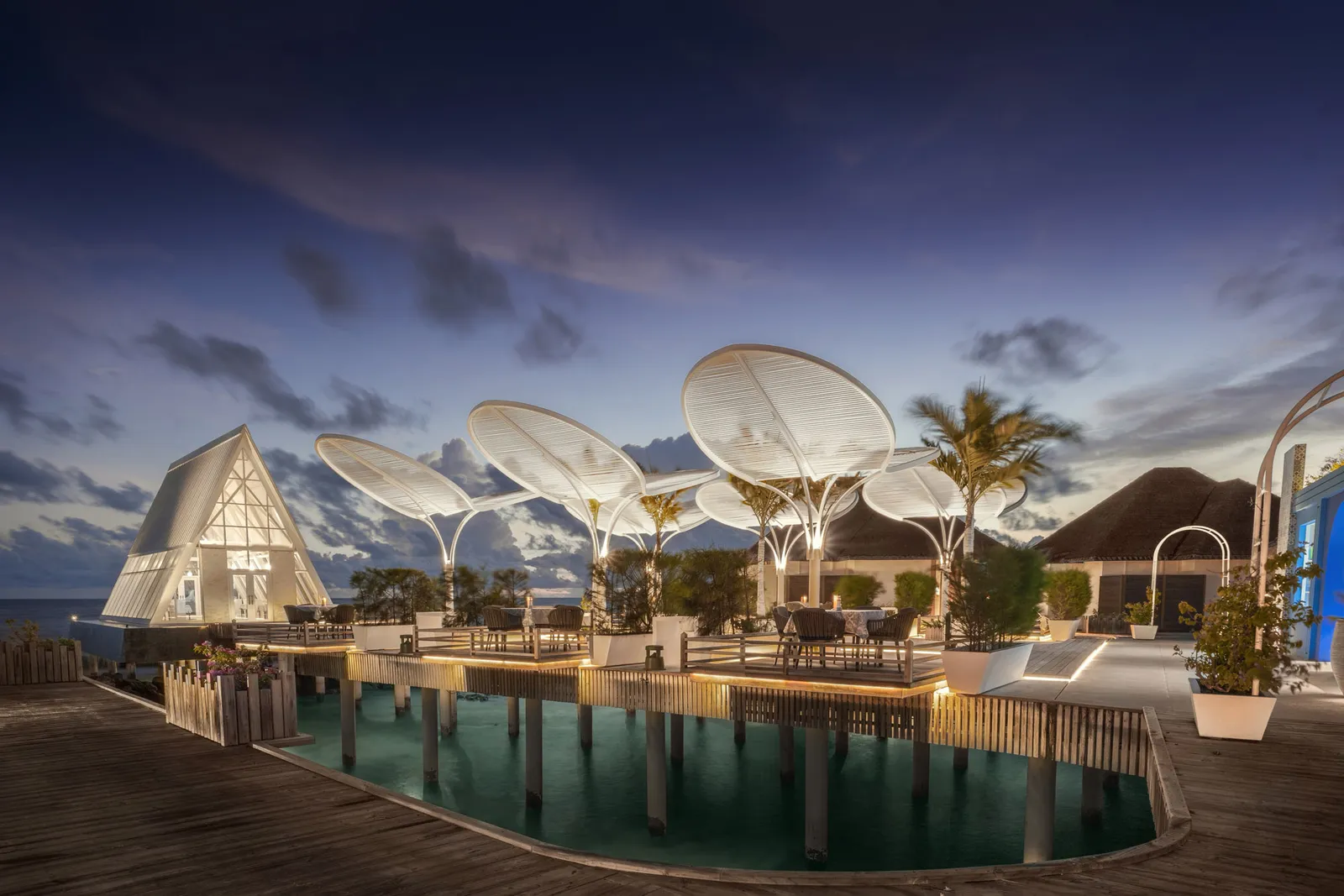 Olives & Vines on its stilts at dusk, its white sails and the glass pavilion