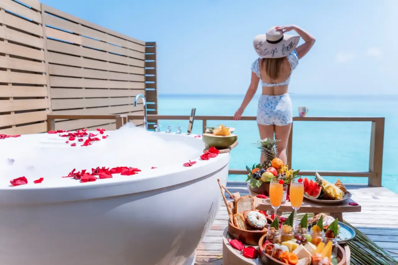 The Jacuzzi on the deck of a Jacuzzi Water Villa, above the lagoon.