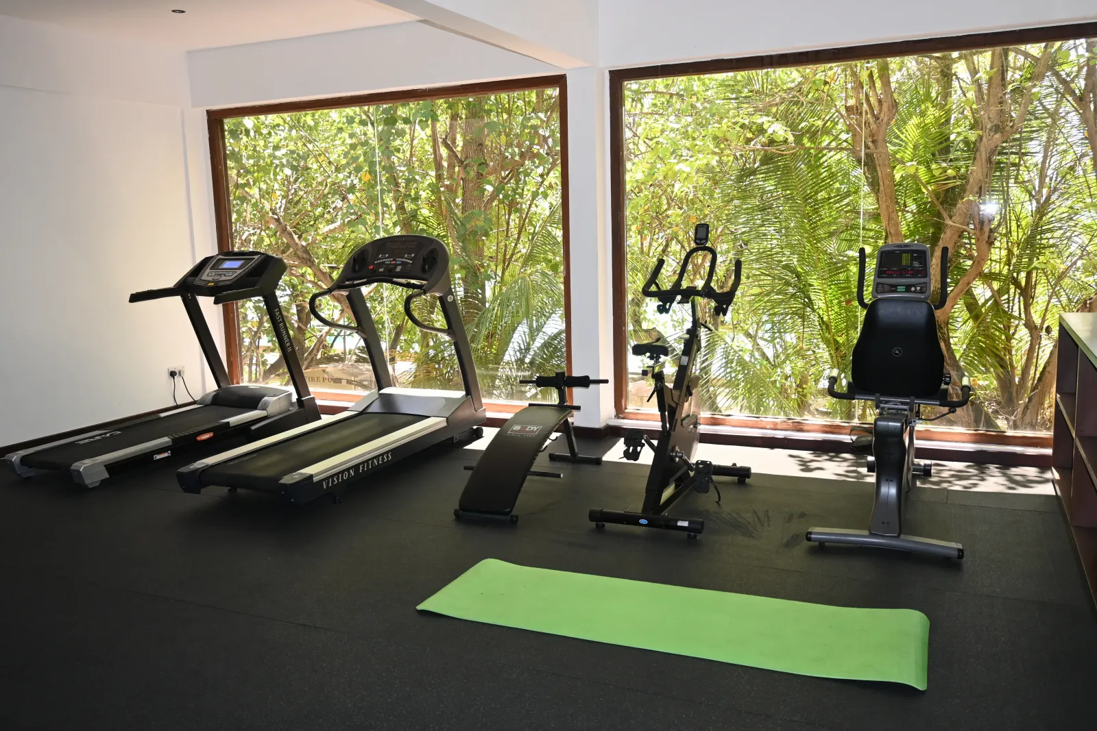 The gym: treadmills, an exercise bike and machines in front of large windows onto the greenery.