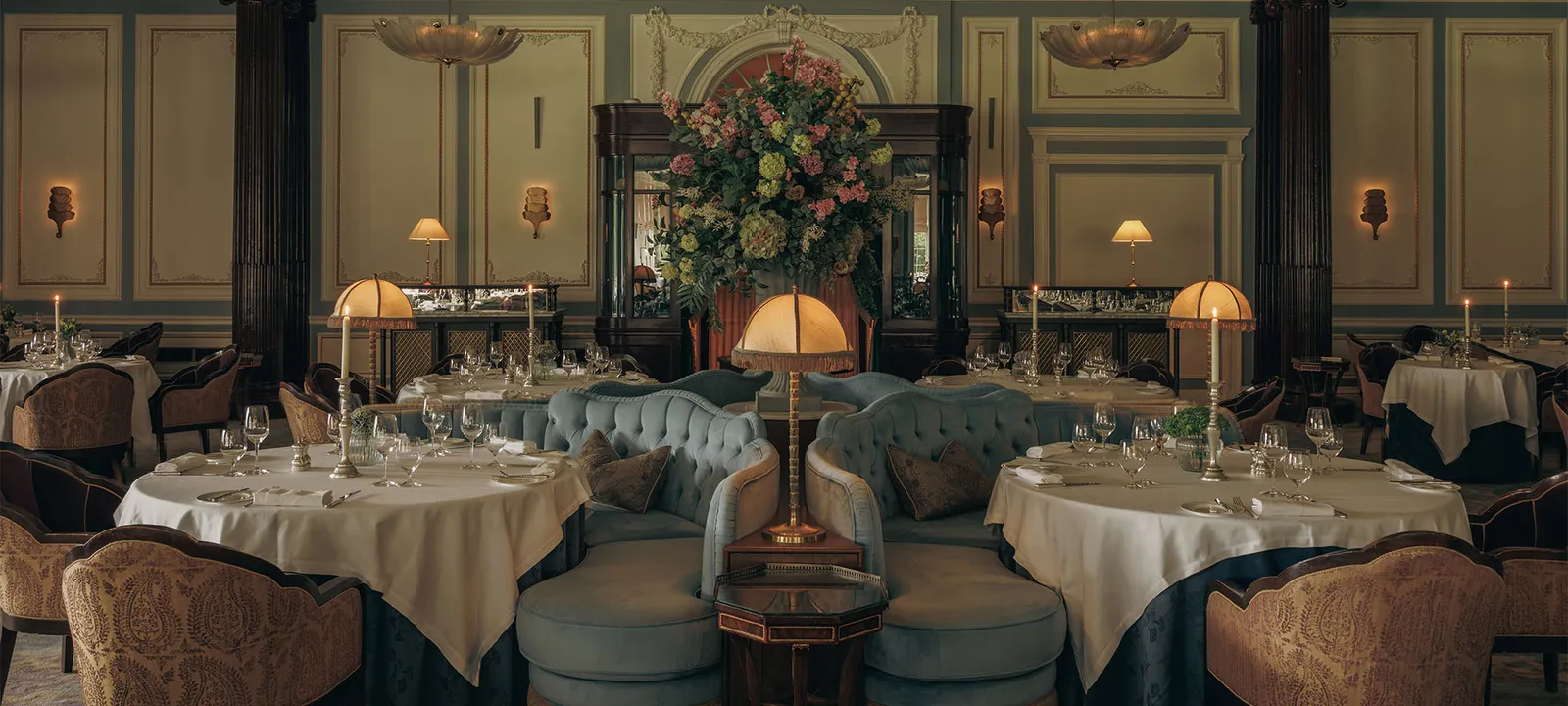 The Strathearn’s dining room, tables laid between the columns