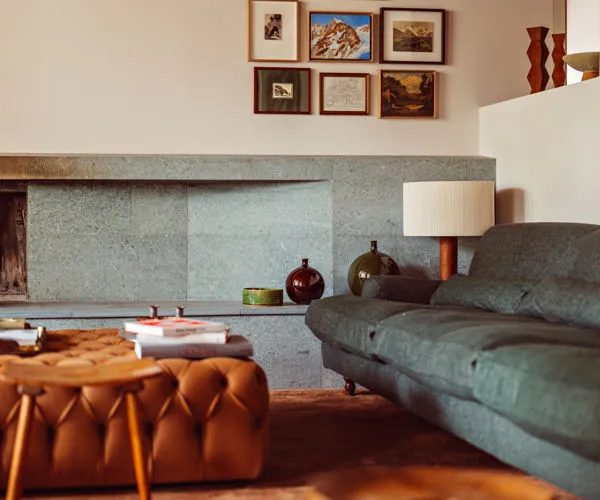 The lounge among timber and photographs