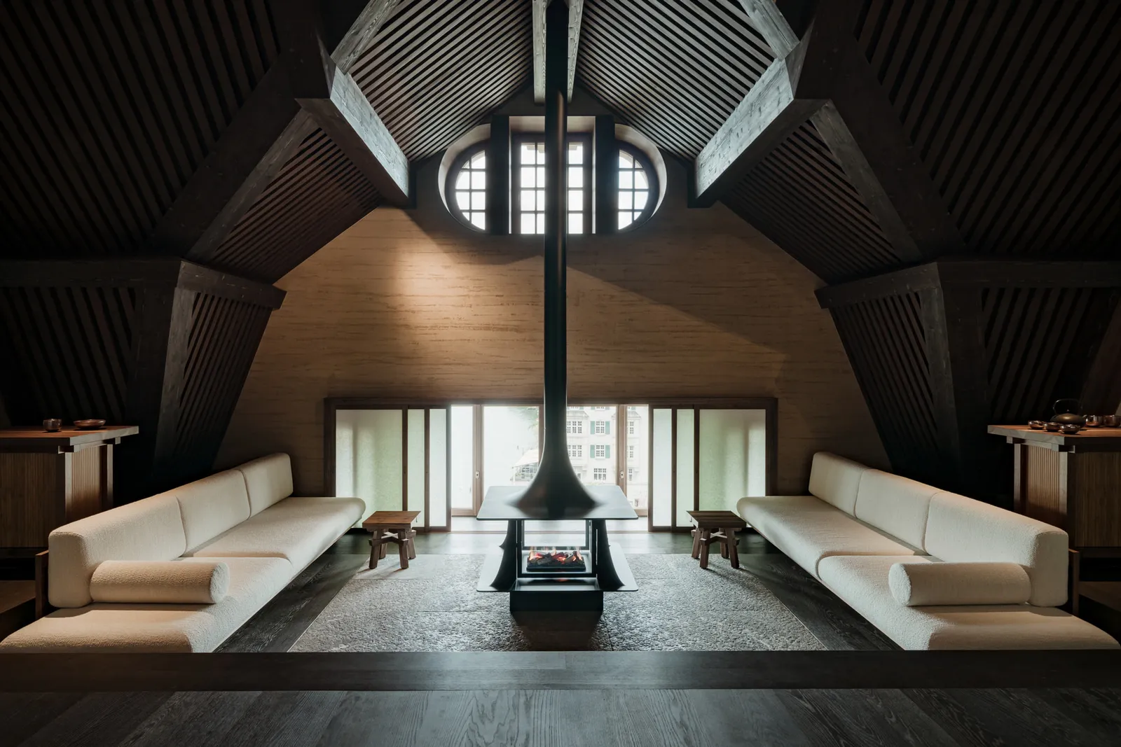 The Seijaku lounge under the roof, with the fireplace at its centre