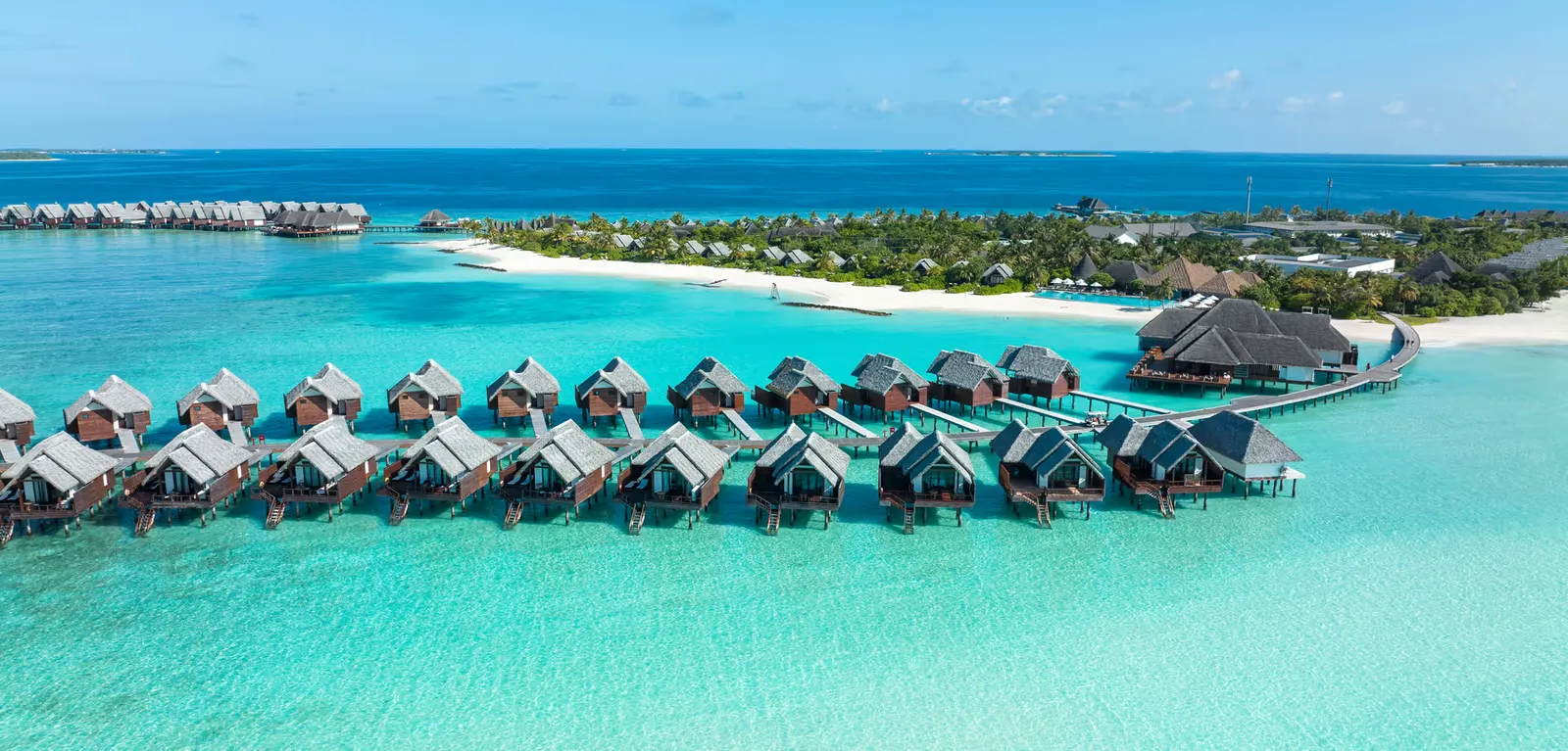Aerial view of Aarah’s overwater villas and jetty