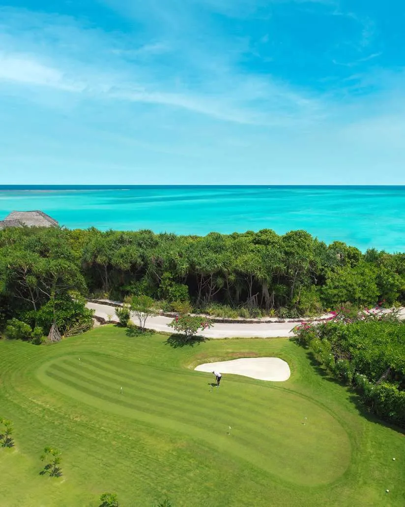 A player on the putting green beside the sea.