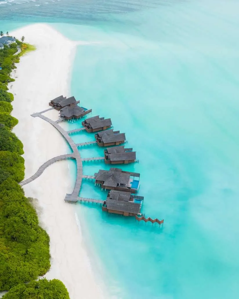 Overhead curving boardwalk and row of water villas; category page context only.