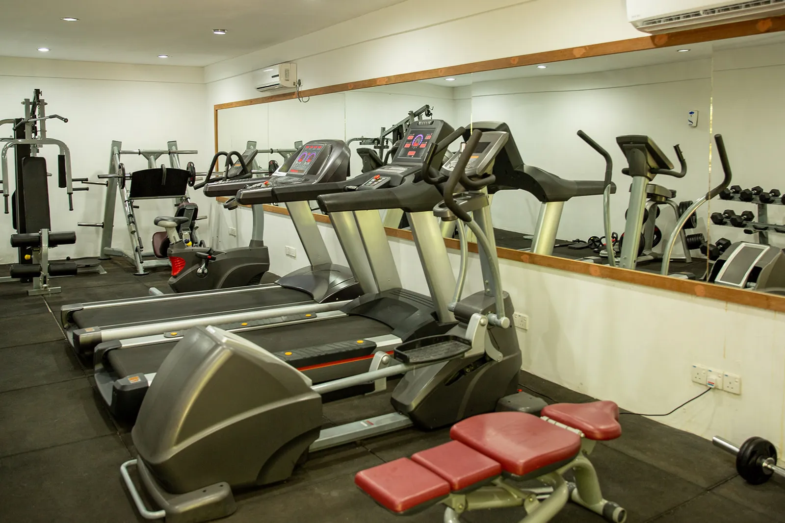 La palestra con l’aria condizionata: tapis roulant, ellittiche e le macchine per i pesi davanti allo specchio.