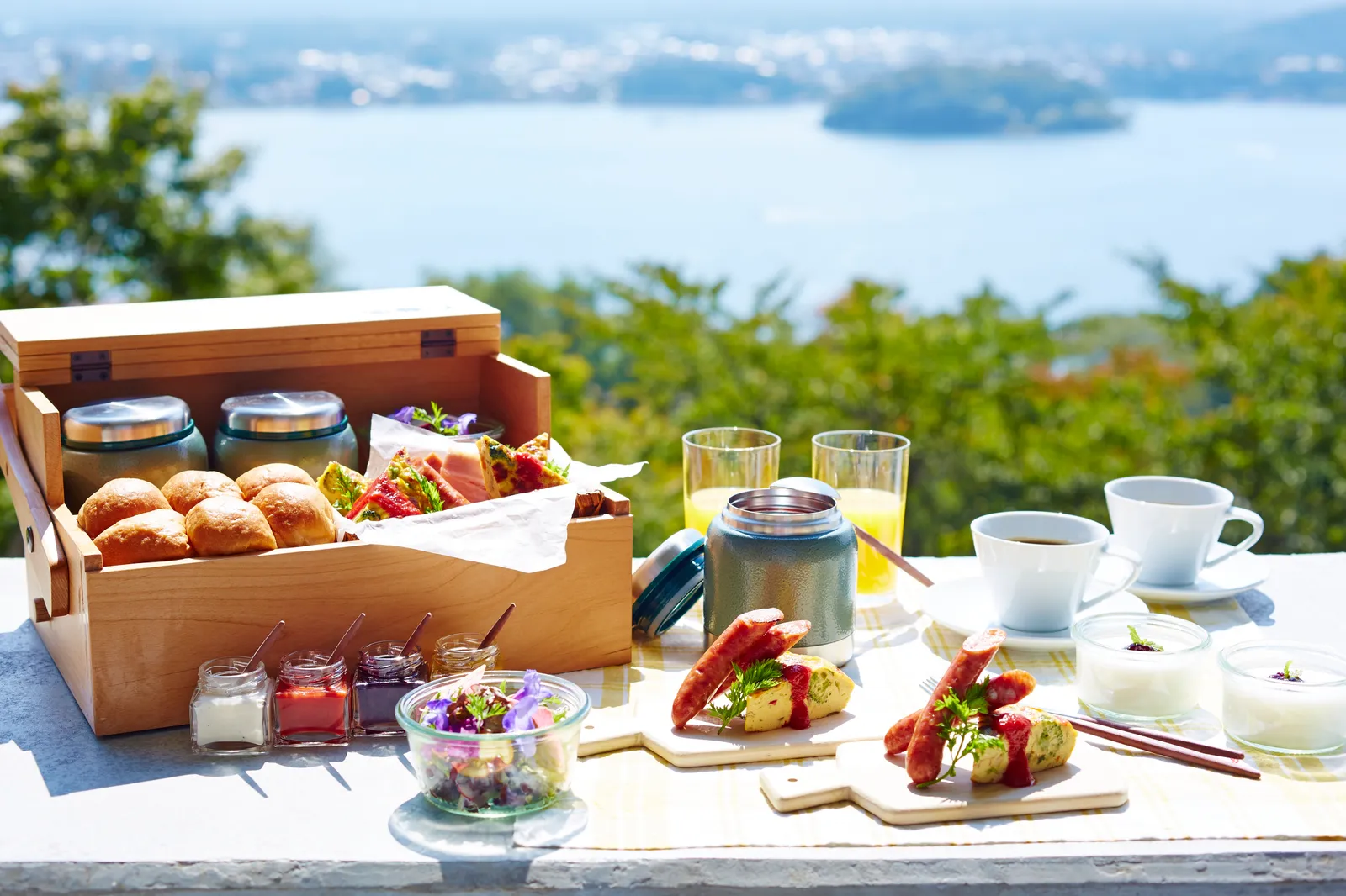 The Breakfast Box open on a terrace table above Lake Kawaguchi