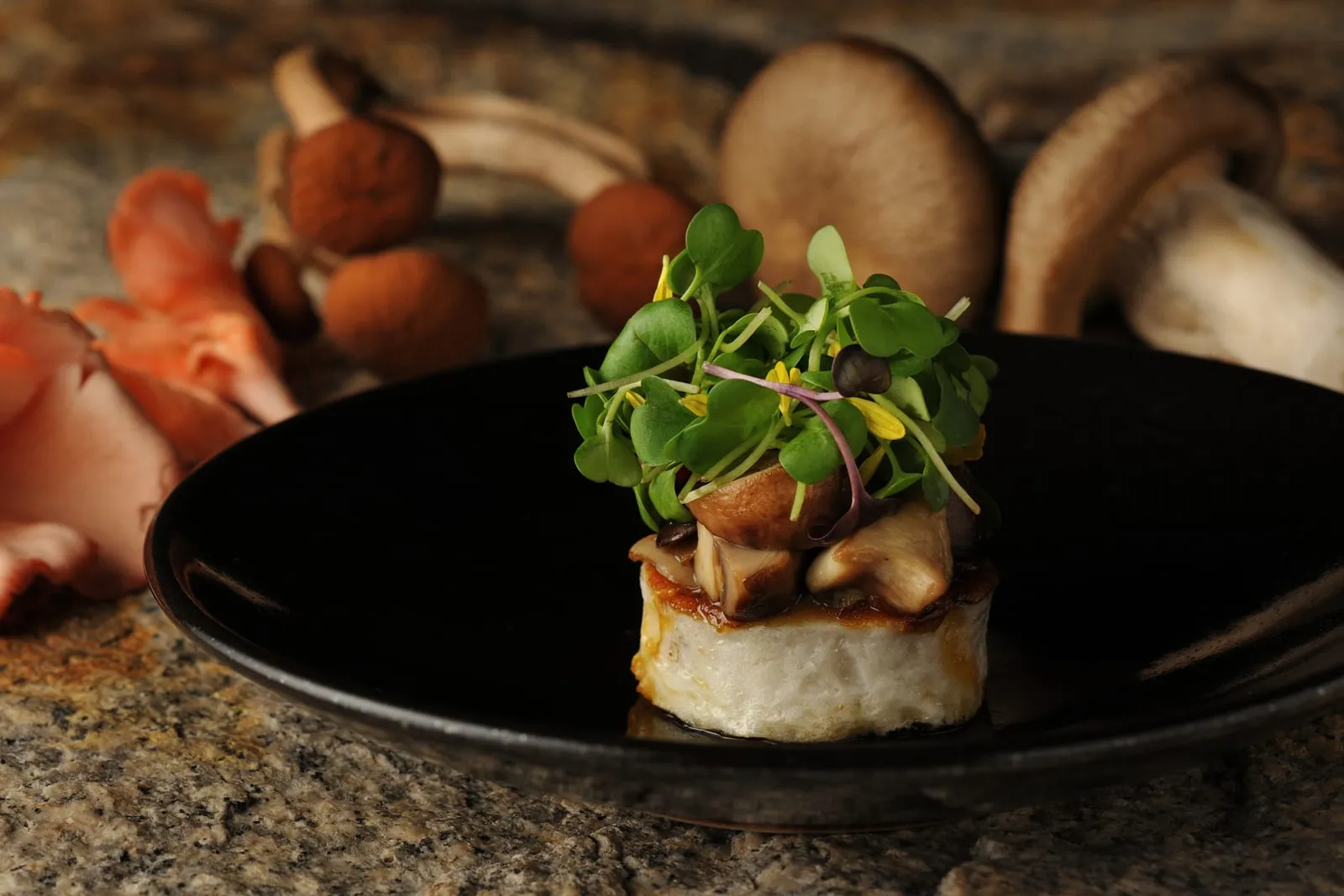 An autumn dish from the dinner course: a small cake topped with shoots on a black plate, raw mushrooms around it.
