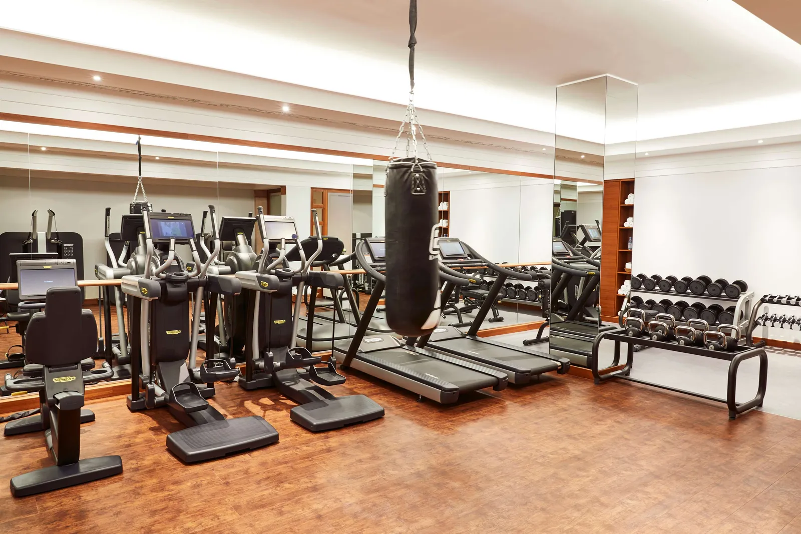 The gym: treadmills, exercise bikes and a punchbag hanging before the mirrored wall, with the dumbbell rack on the wooden floor.