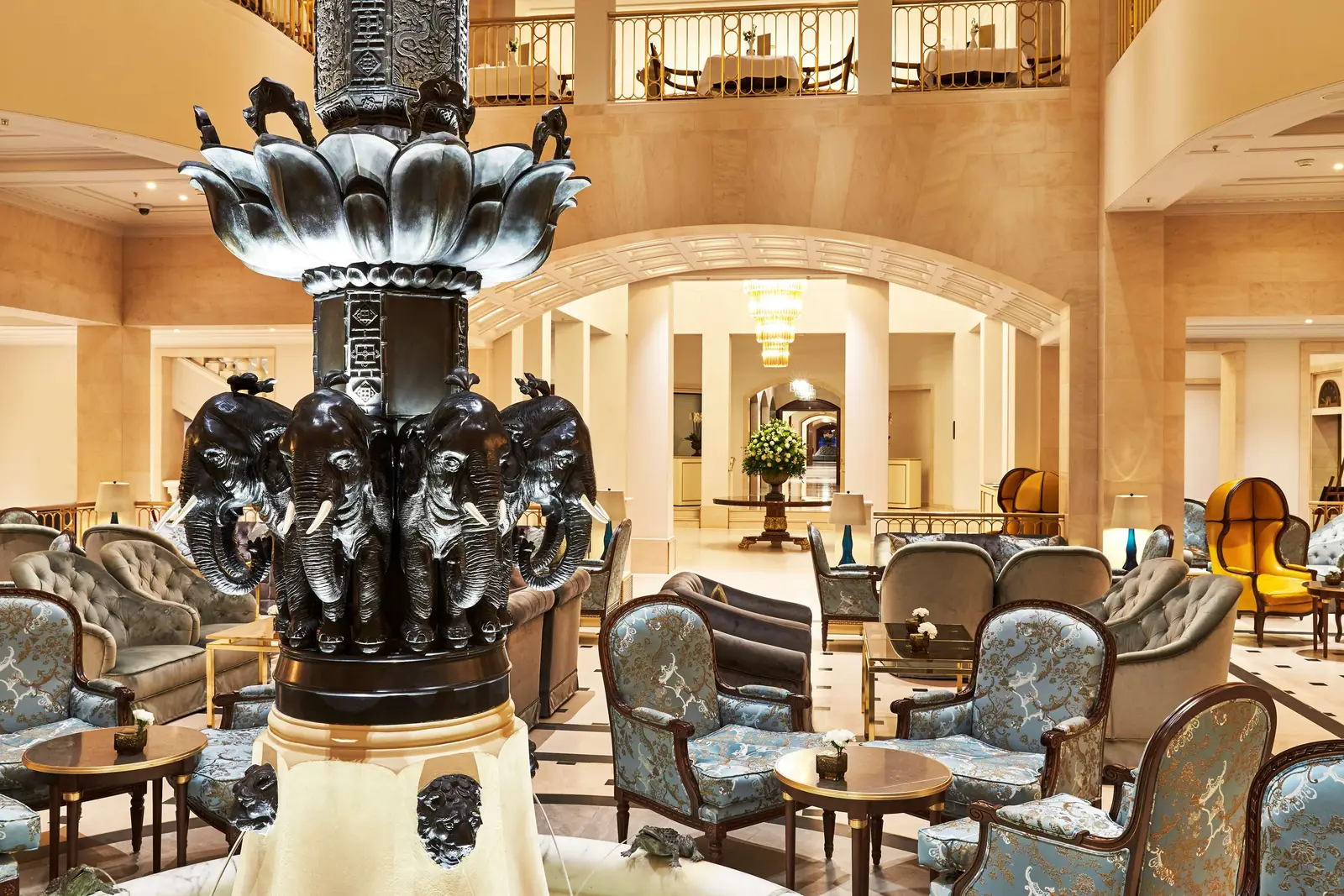 The Elephant Fountain at the centre of the lobby, among armchairs and small tables.