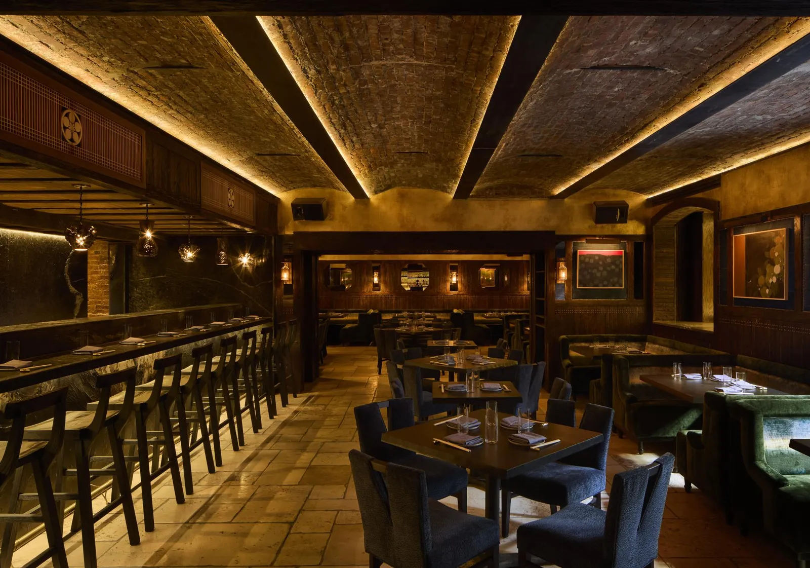 Teruko’s basement room, the long counter under the timber ceiling