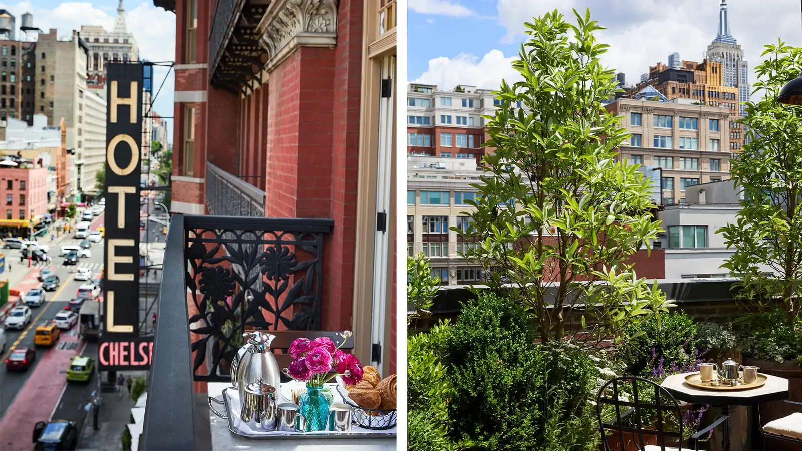 An iron balcony beside the HOTEL sign, 23rd Street below and the Empire State Building beyond