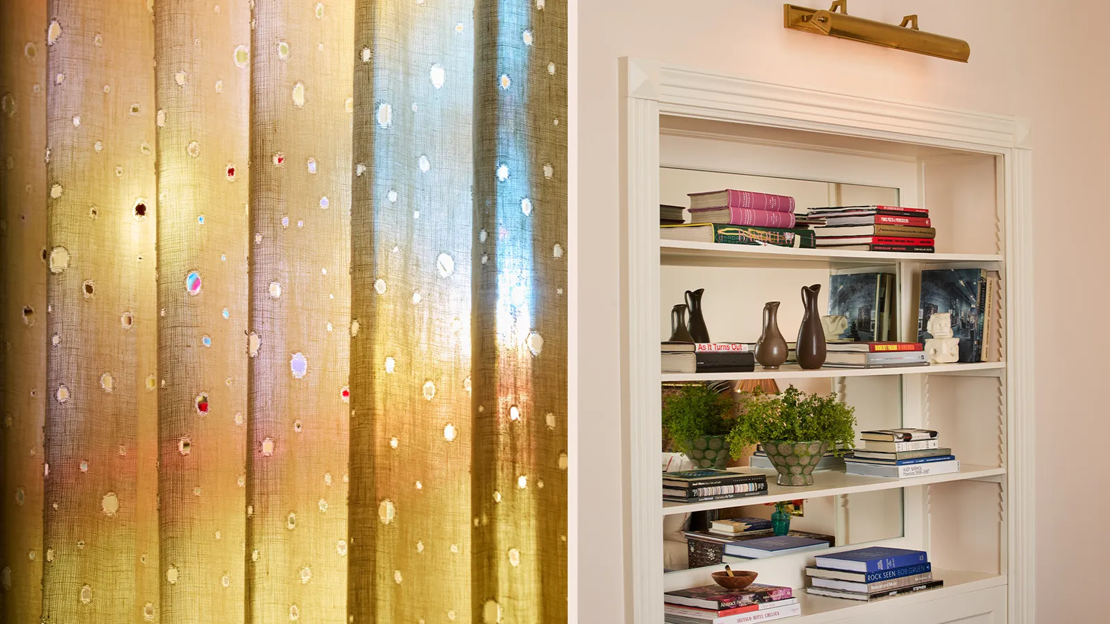In a Grand Chelsea, a wall of gold bubbled glass beside the bookshelves