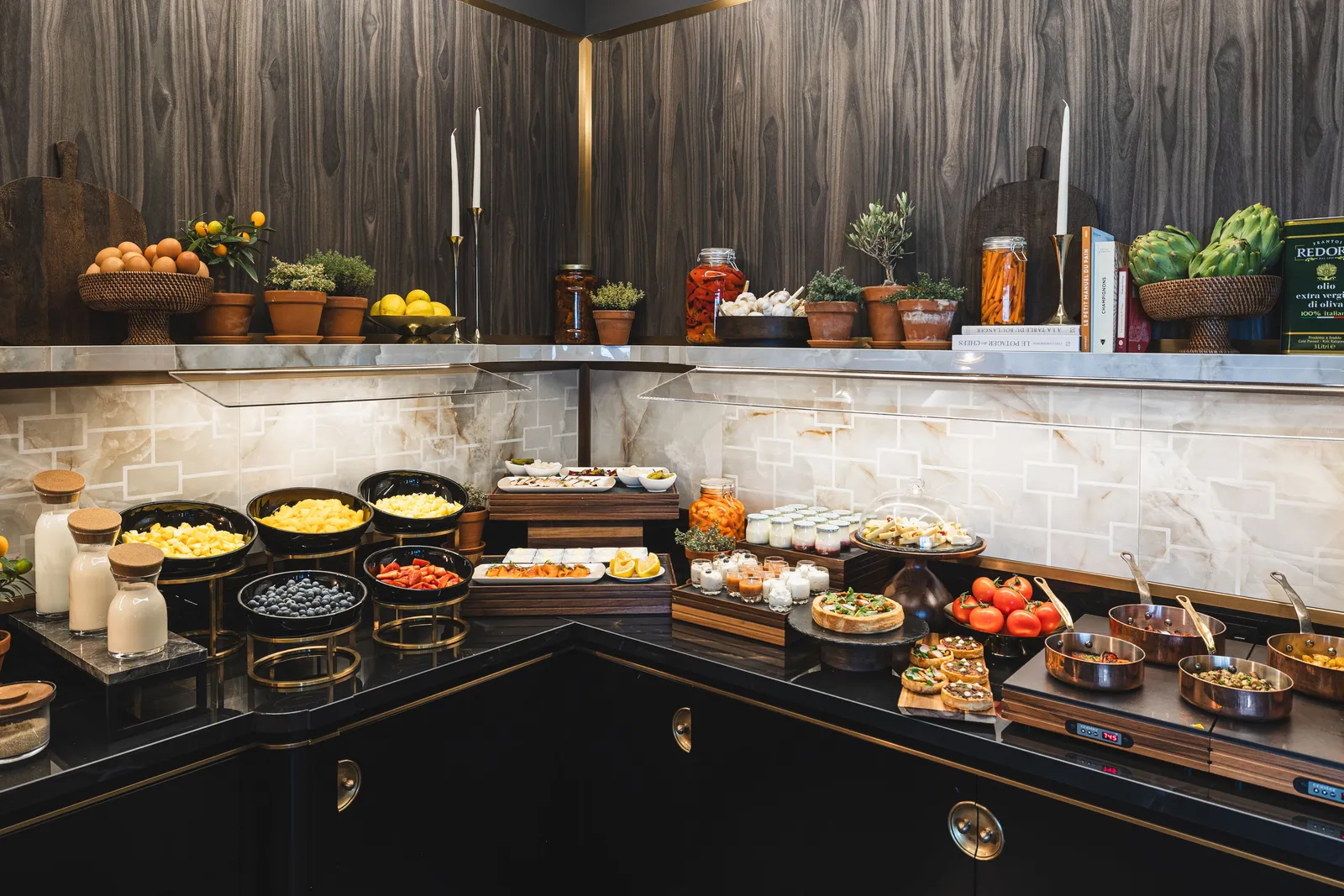 The breakfast buffet, with eggs and hot dishes
