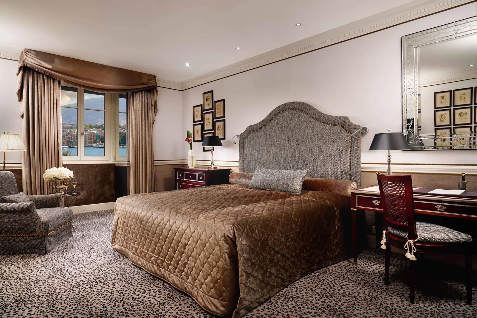 An Exclusive Lake View room, with the bed facing the lake windows