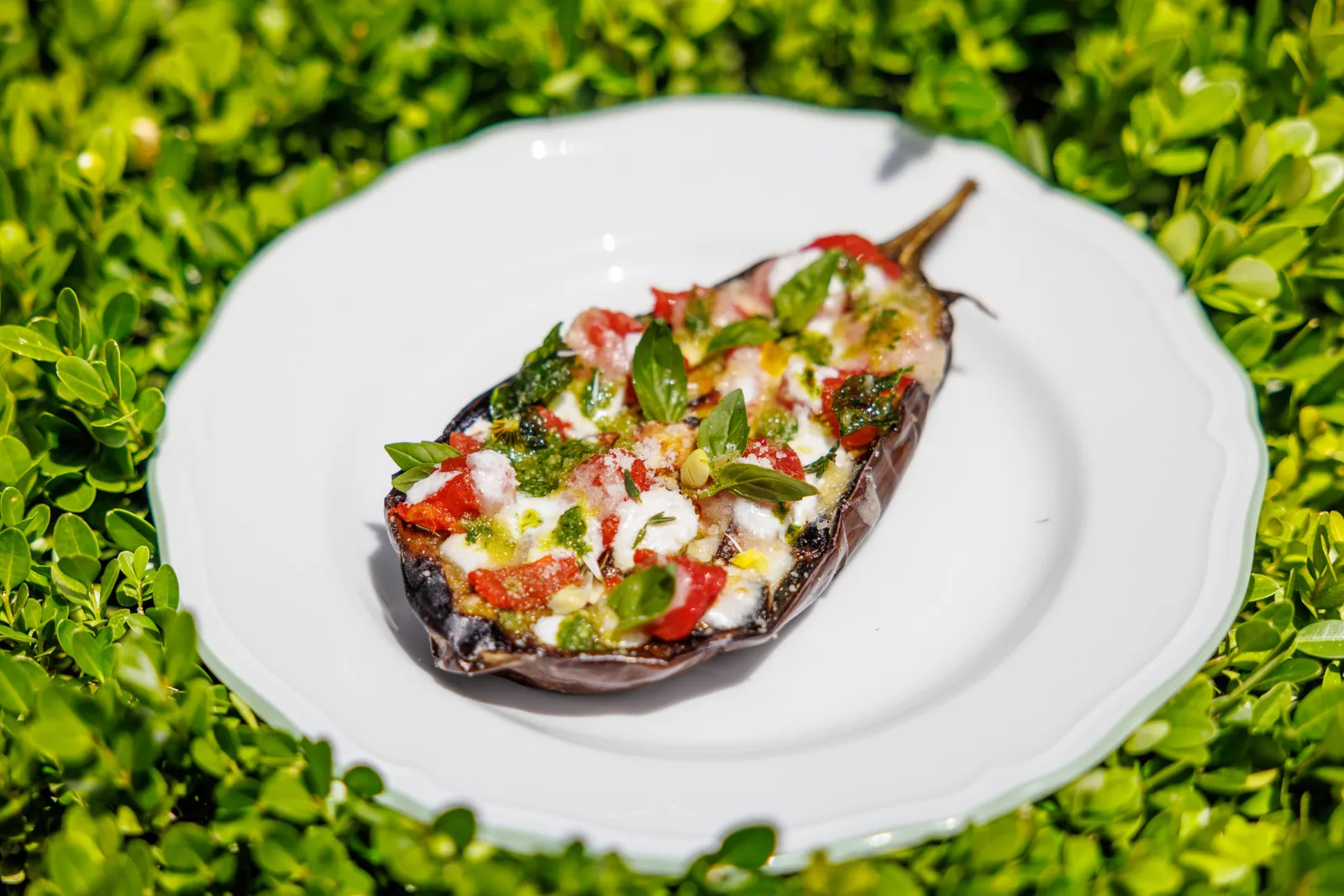 Le Jardin’s aubergine parmigiana: half a baked aubergine topped with tomato, cheese and basil, on a white plate resting on a box hedge