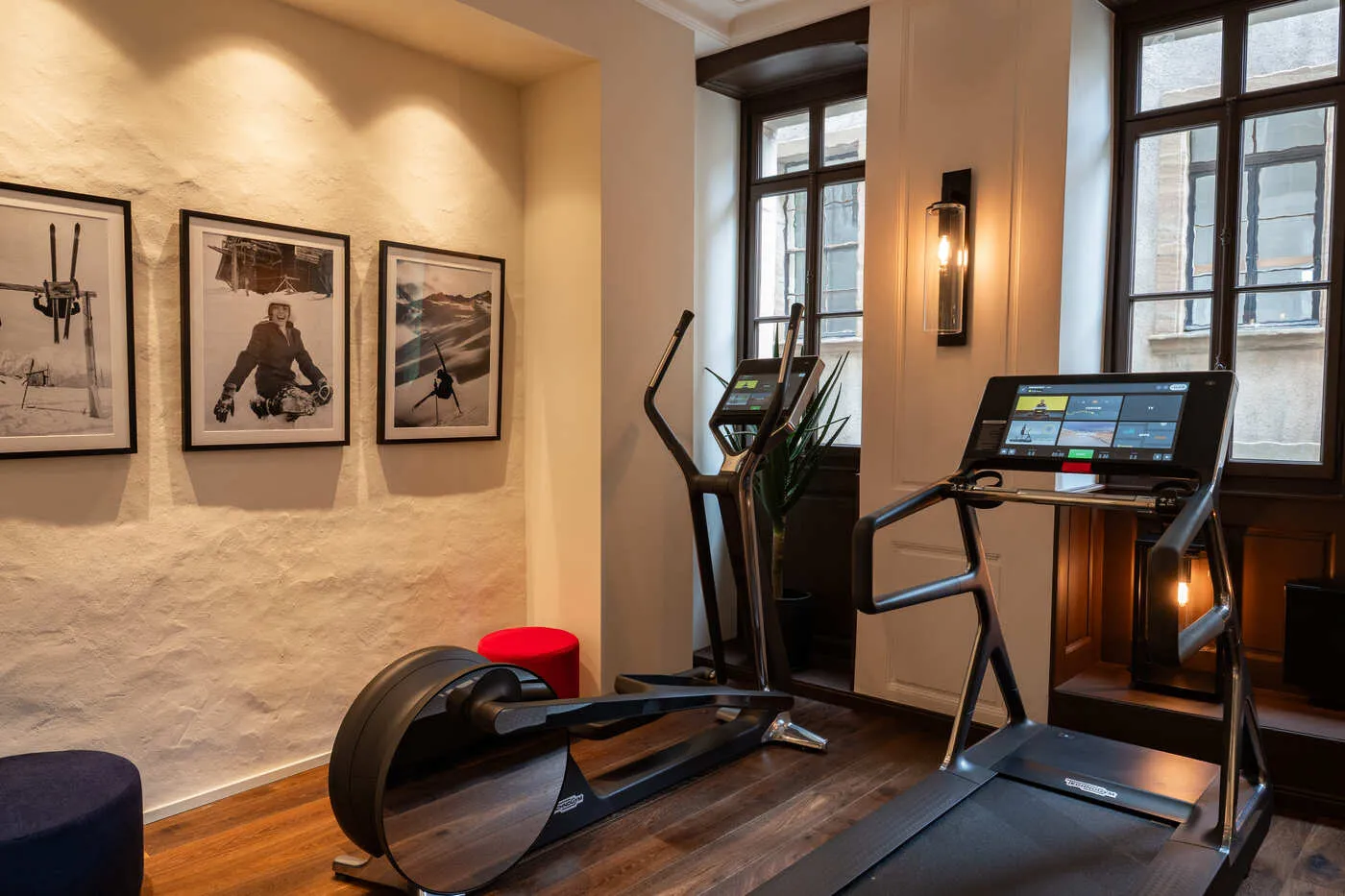 The Technogym gym, with a treadmill and an elliptical trainer