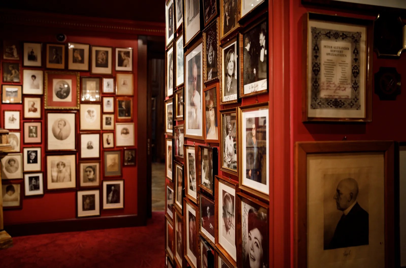 The picture gallery: dozens of framed portraits, close-hung on red walls.
