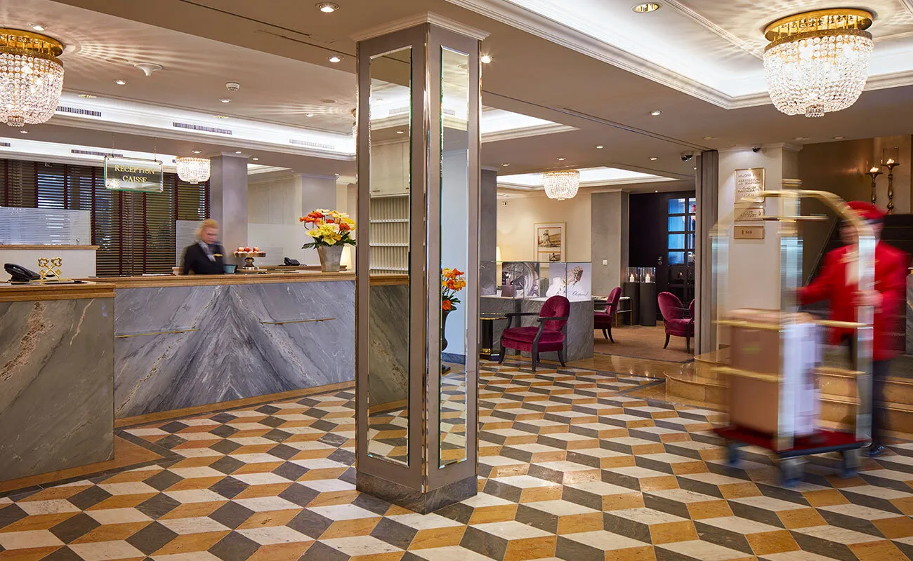 Reception counter and chequered floor