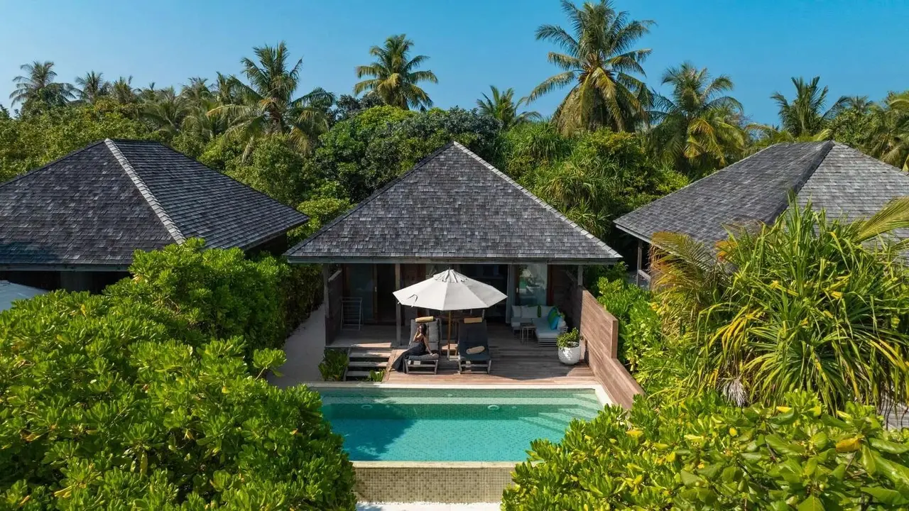 A Beach Pool Villa in the greenery, its pool in front