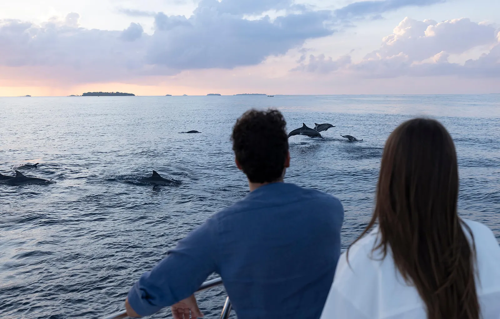 A couple on a boat’s bow watching dolphins leap in the open sea