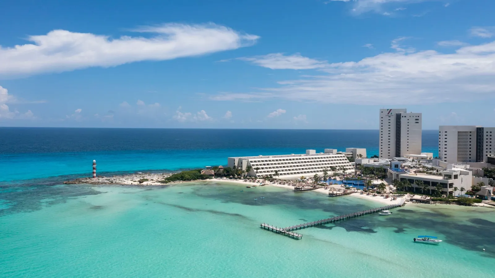 The resort, beaches and lighthouse on Punta Cancun