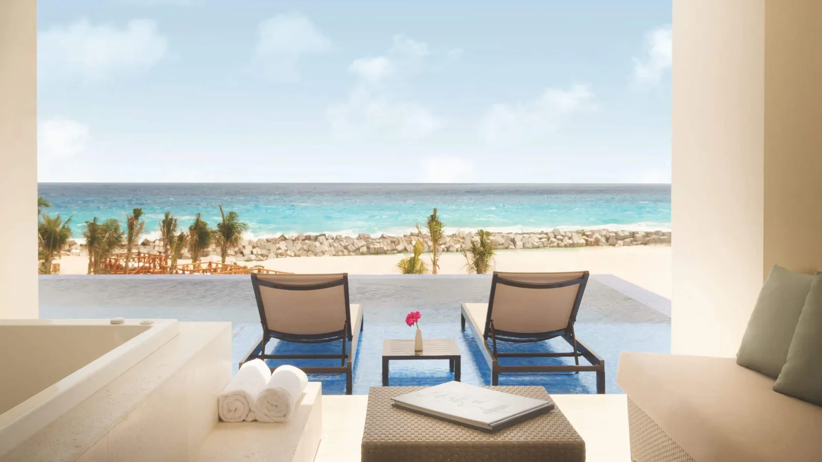 Turquoize terrace with loungers and semi-private pool access