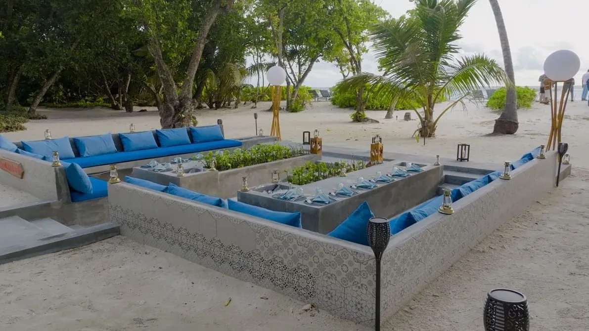 The beach seating area shown for the 32 Bedroom Island Reserve.