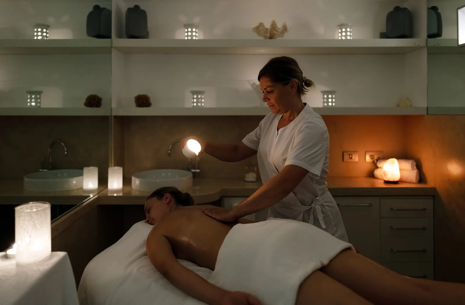 A massage in the spa: a therapist pours oil onto a guest’s back, among candles and pale stone shelves.