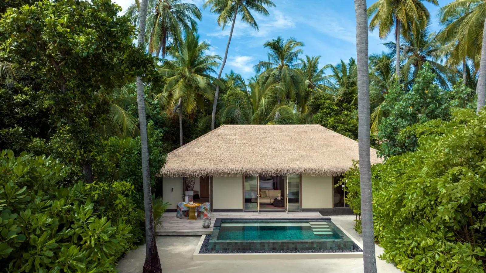 A Family Beach Pool Villa: the thatched roof among the palms and the pool by the door.