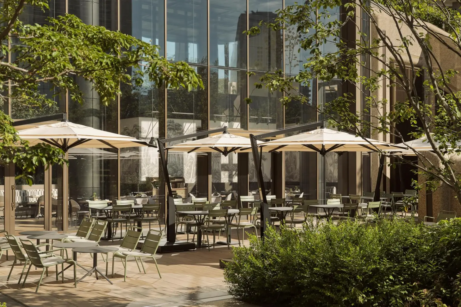 Janu Mercato’s terrace among the trees, with parasols and tables in front of the glass façade.