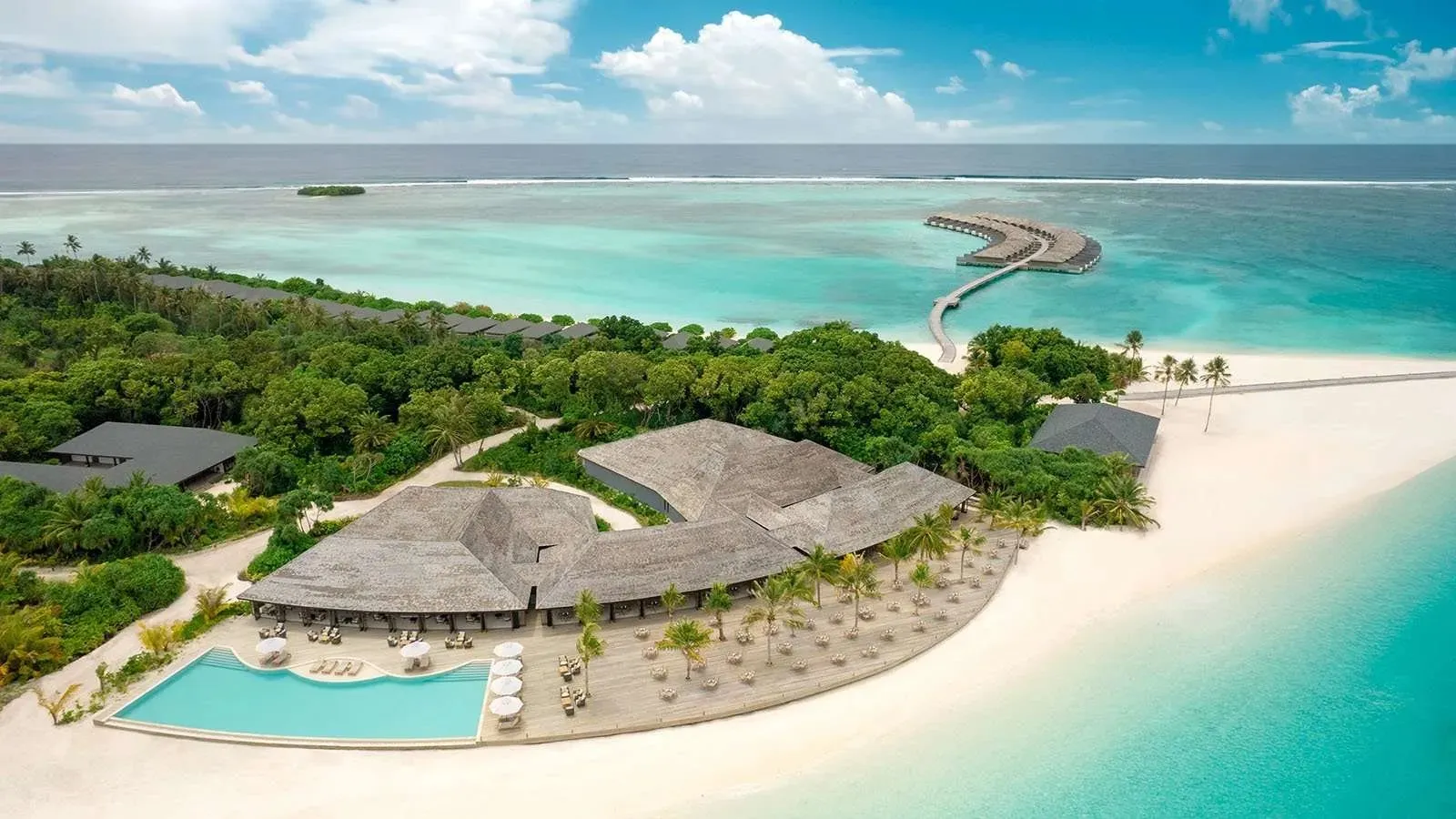 Mabin from the air, with the restaurant’s infinity pool, the white beach and the jetty out over the water
