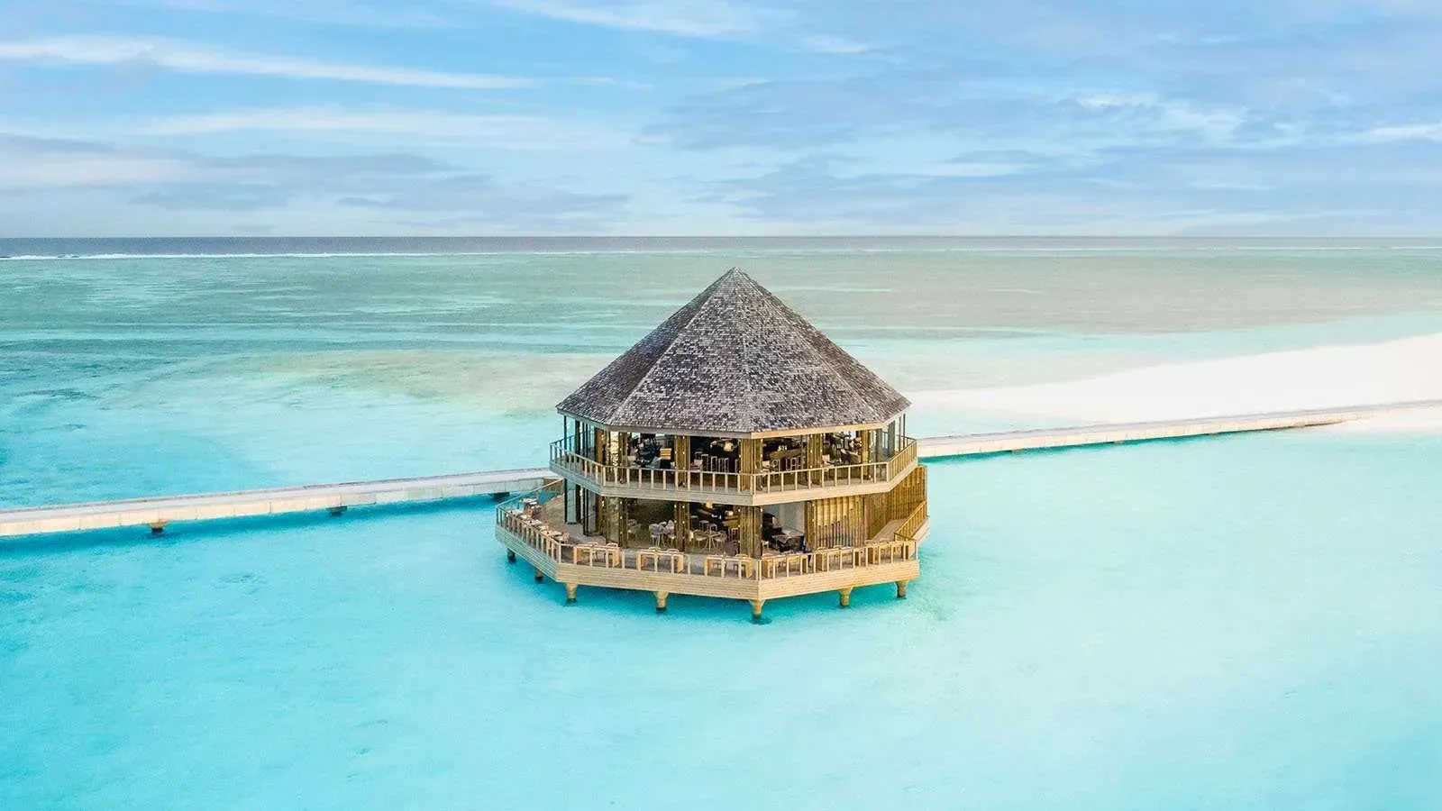 Umi, the octagonal restaurant halfway along the bridge between the 2 islands, above the lagoon