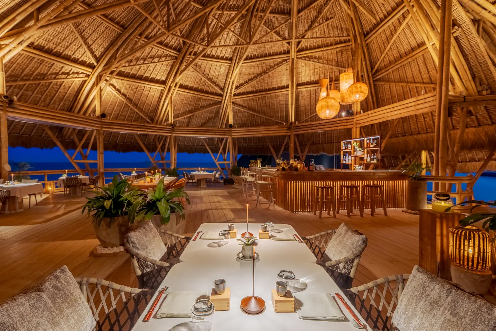 Yutori’s dining room under its woven wooden roof