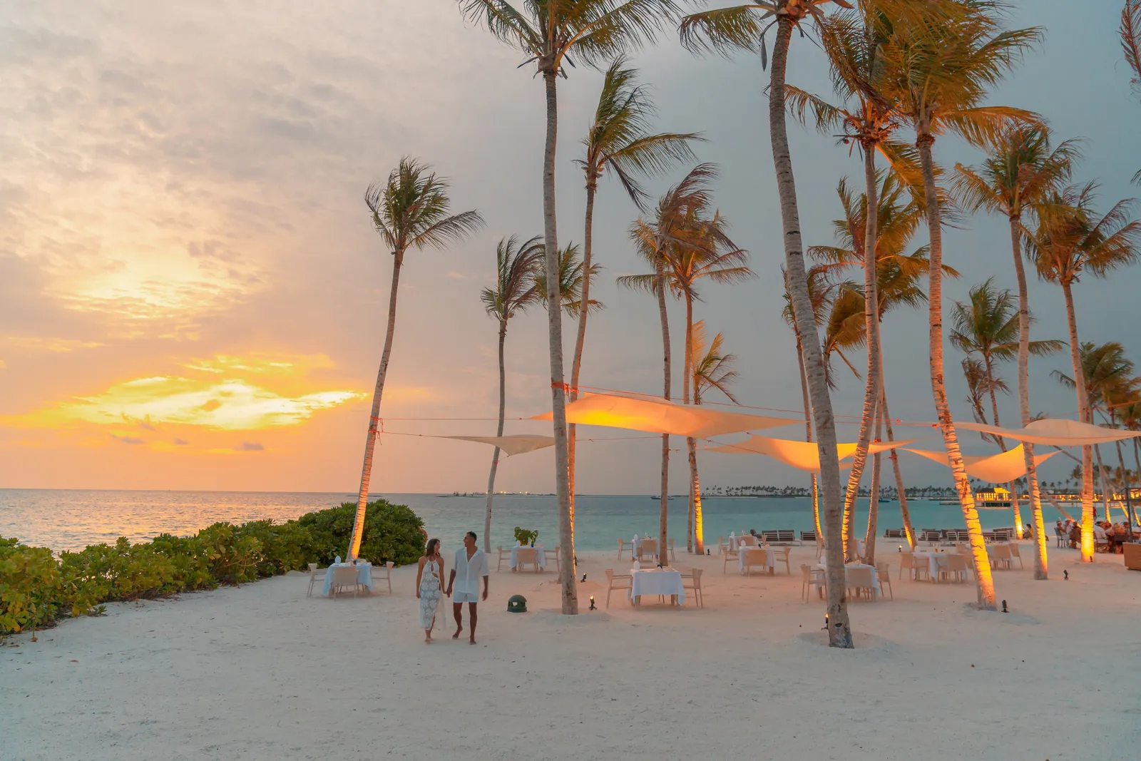 Palm Beach’s tables under white sails and palms, on the sand at sunset