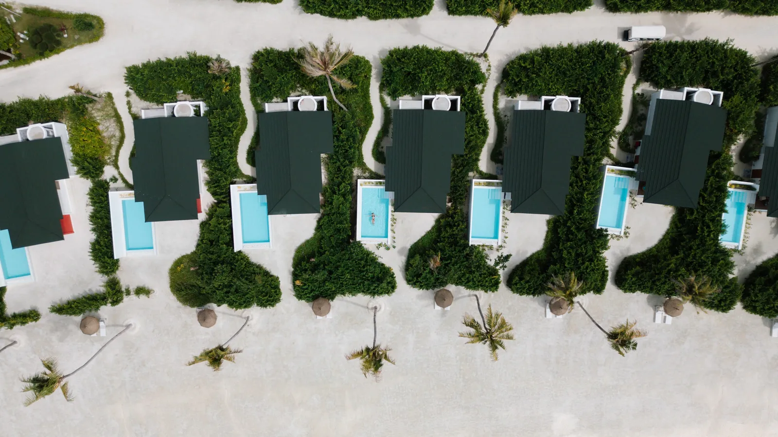 A row of Beach Suite Pools from above, each with its own pool between the greenery and the sand