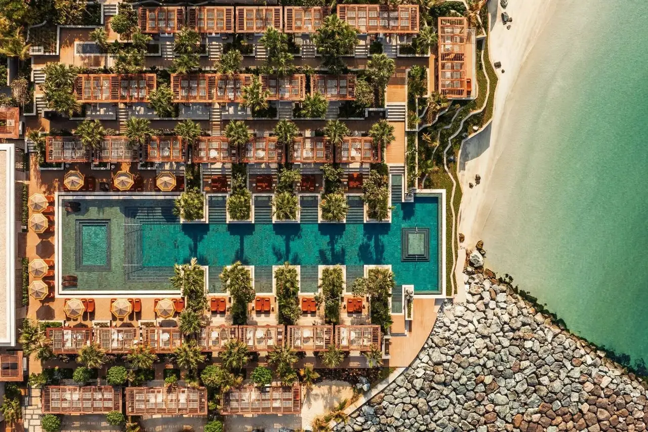 The pools and the beach from above