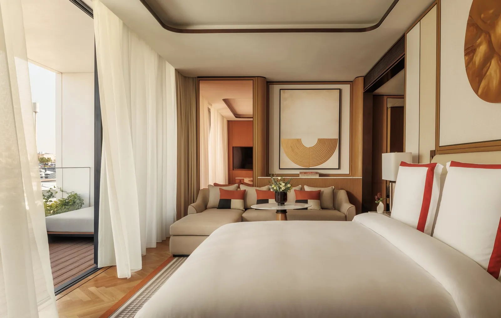 A king room with white curtains