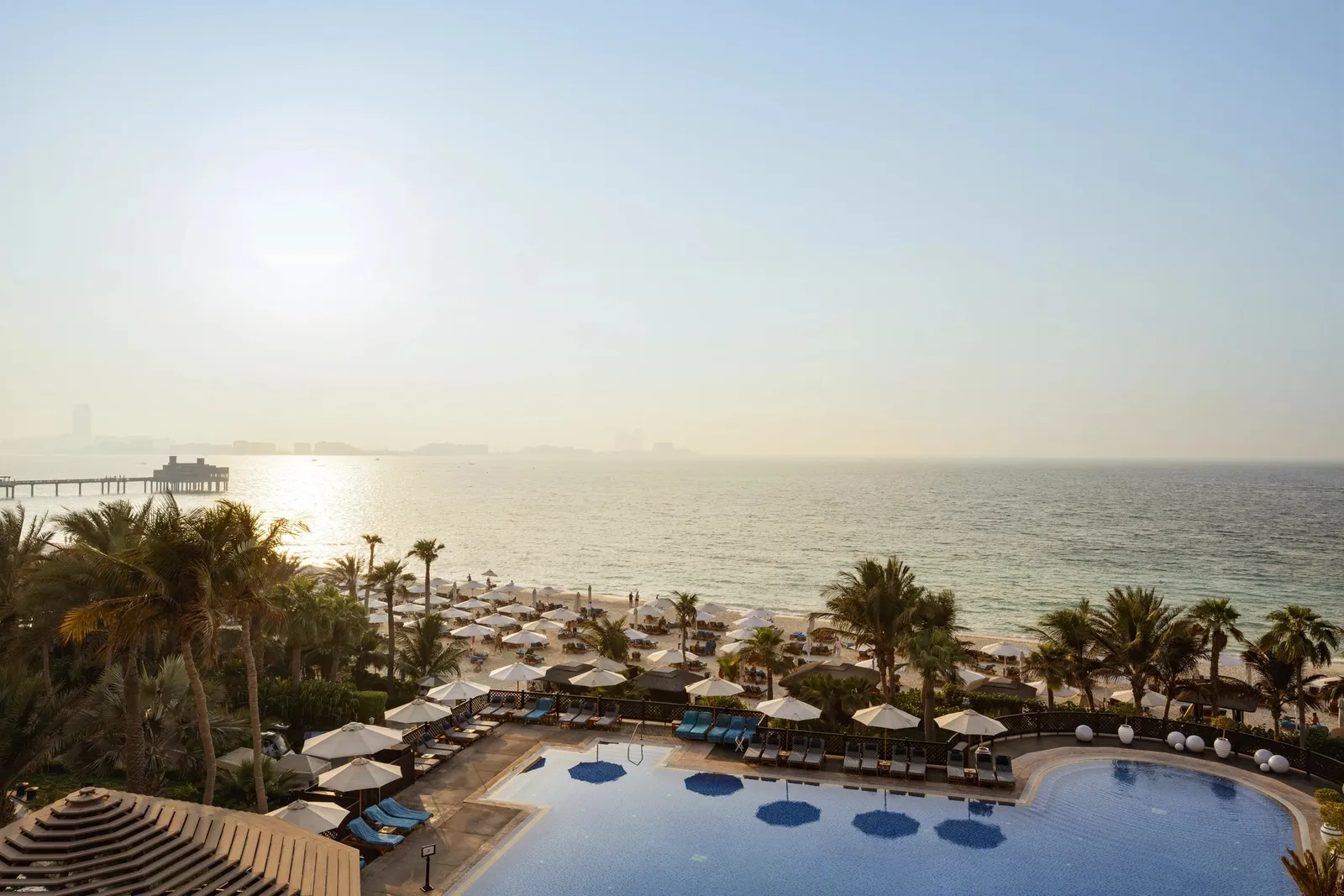 The pool, palms and sea seen from a Club Ocean room