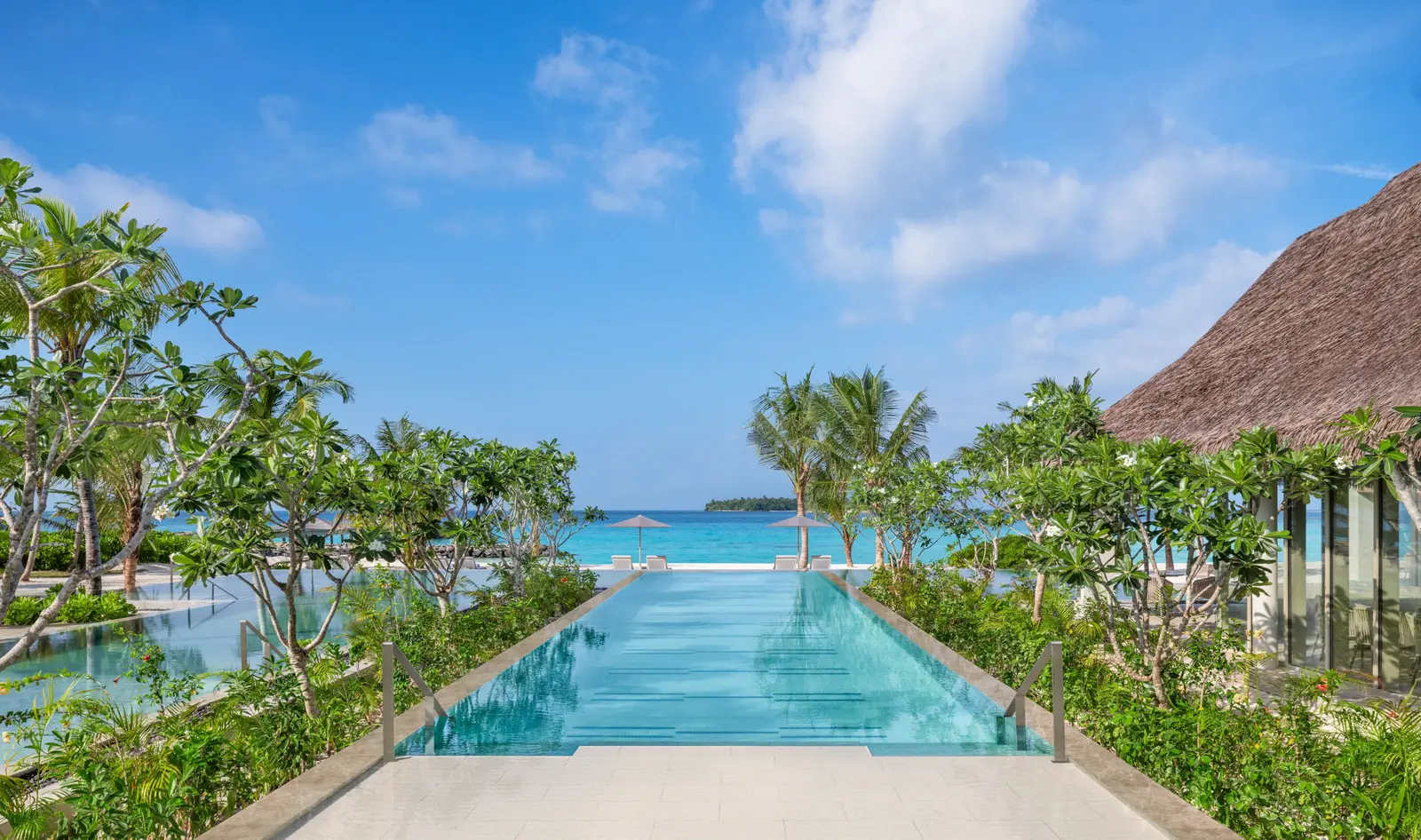 The main pool, long and narrow between the palms, running out towards the sea