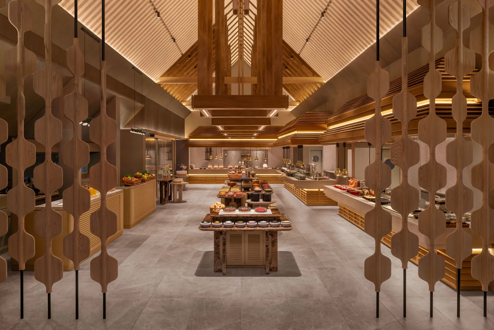 Veyo’s hall, the buffet beneath the wooden roof and woven screens