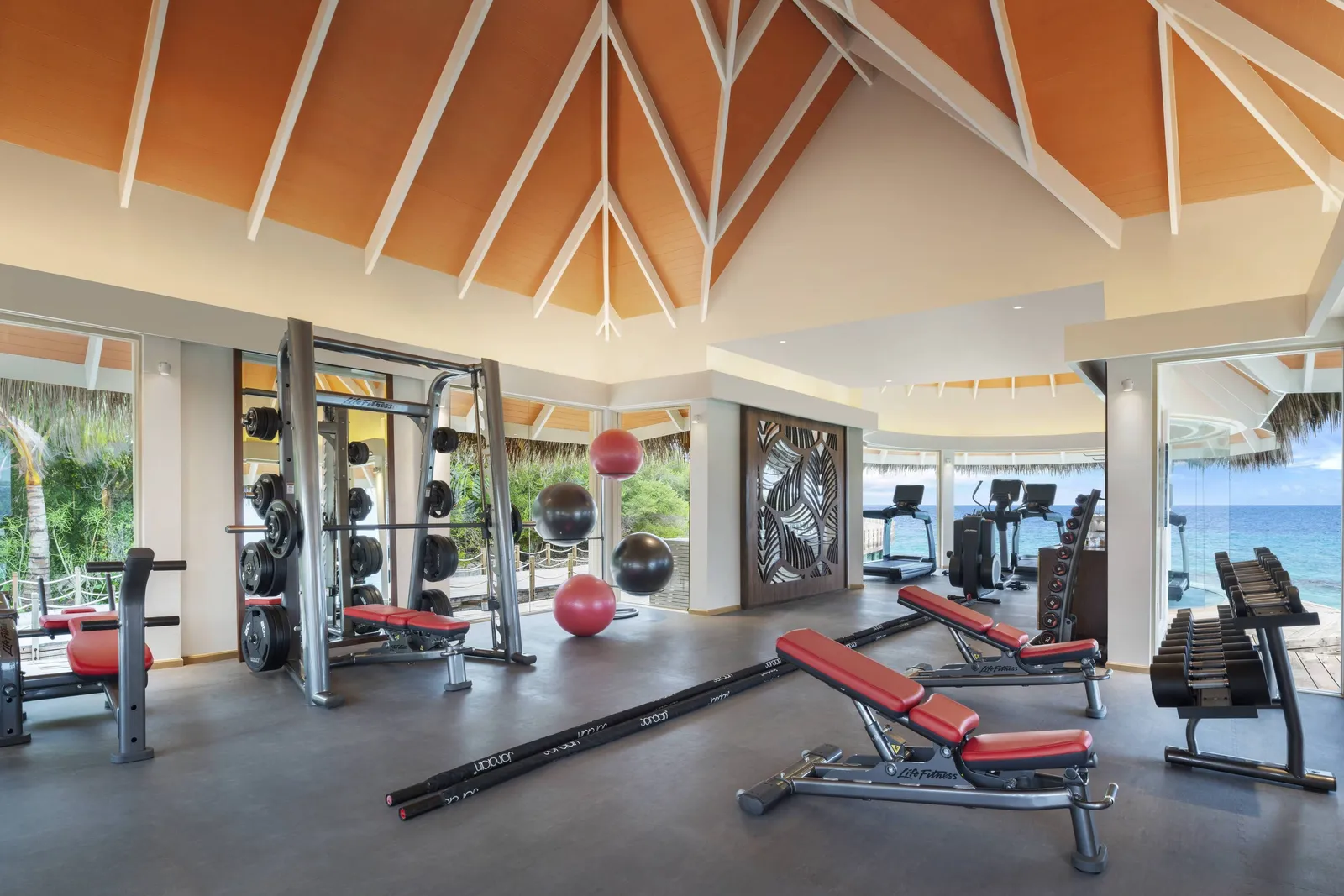 The gym, its machines under the pitched roof and windows on the greenery