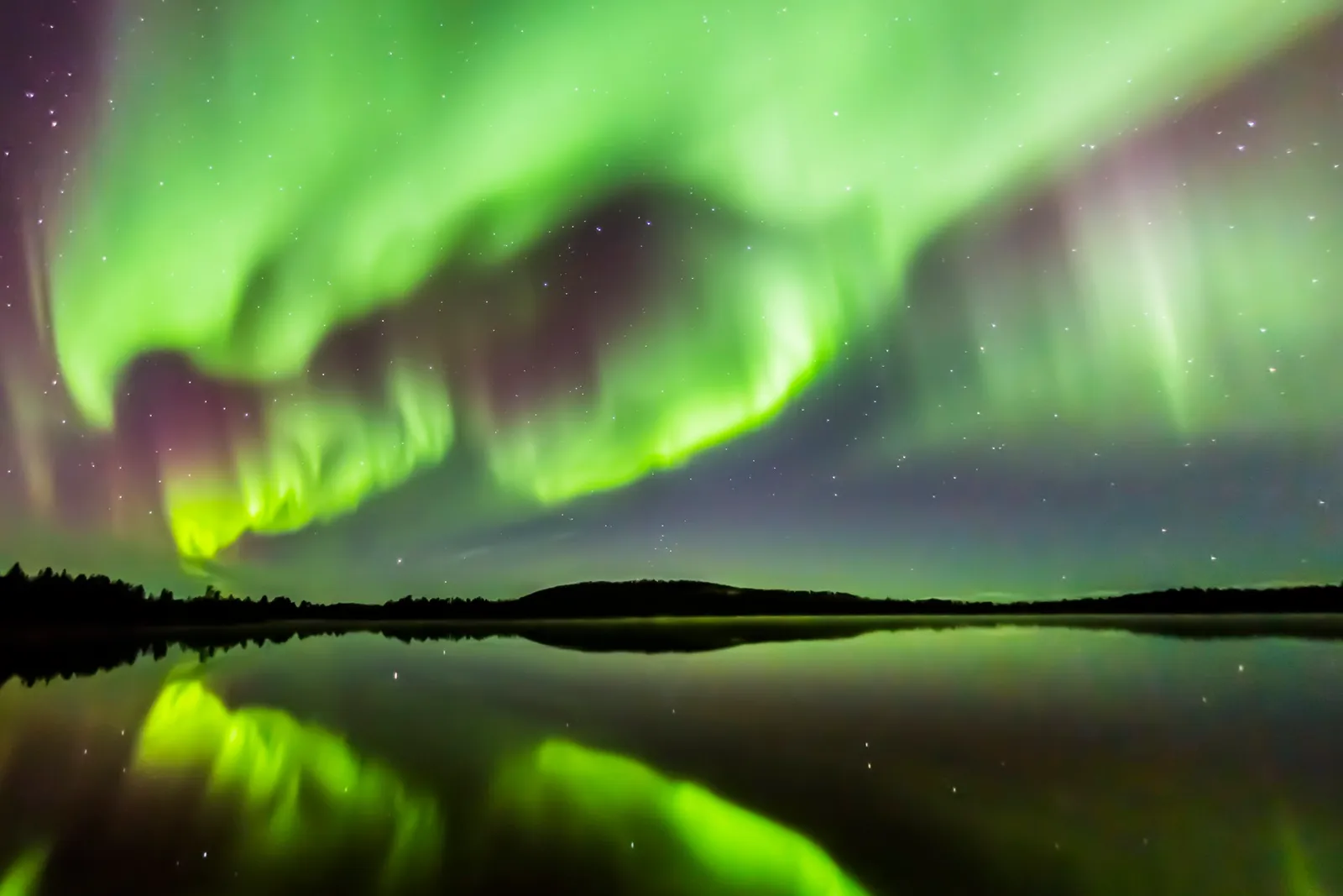 Green northern lights mirrored in a still lake, the dark tree-lined shore across the middle of the frame.