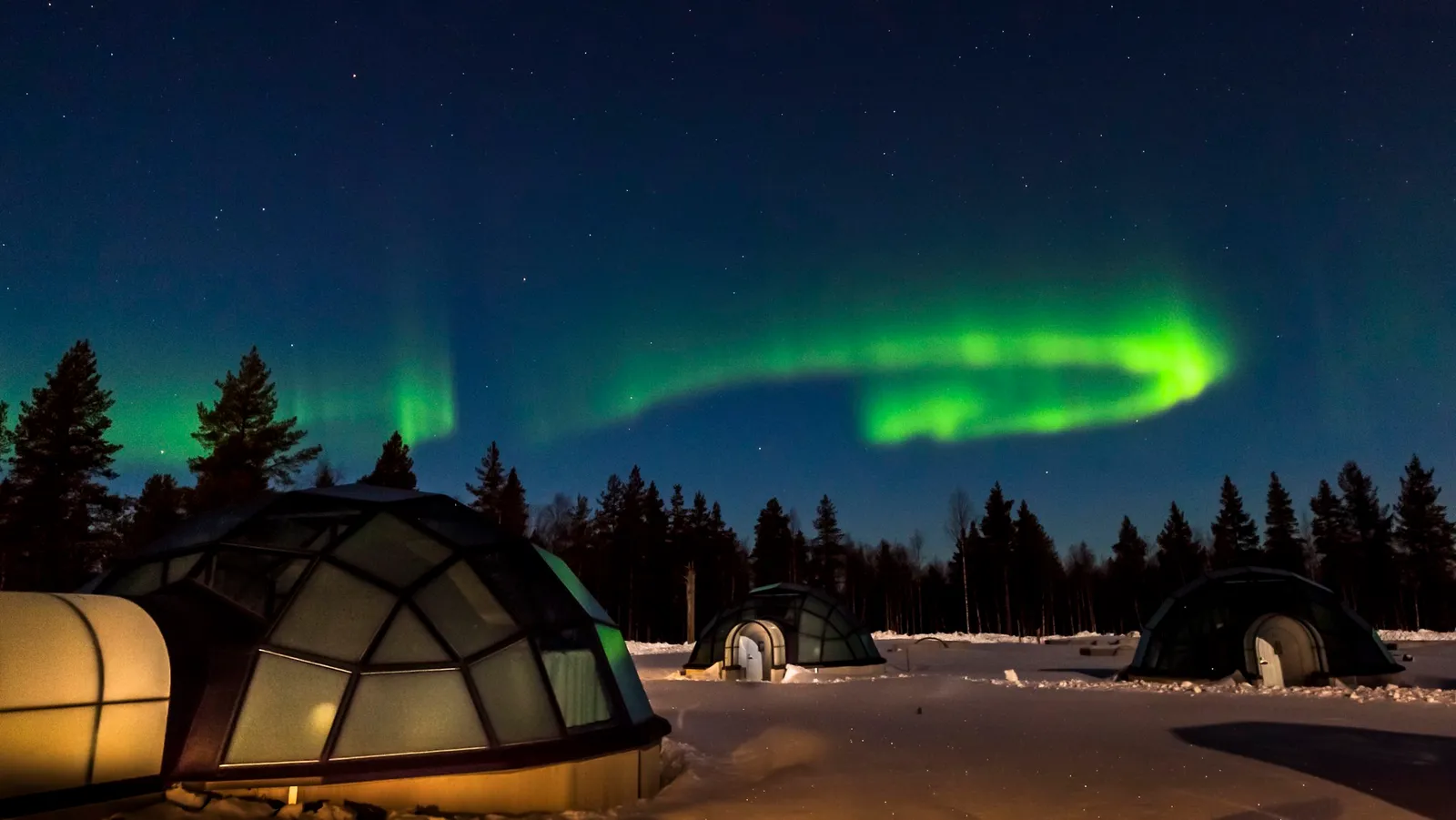 A green arc of northern lights above the igloos’ glass domes at night, with the dark line of trees behind.
