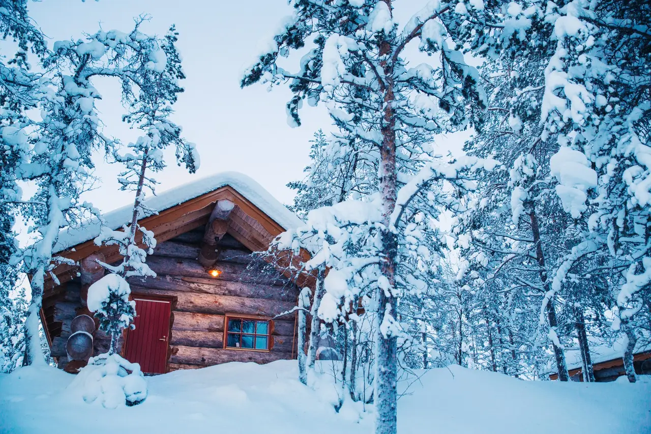 A log cabin with a red door half hidden by snow-laden trees, under a pale sky.