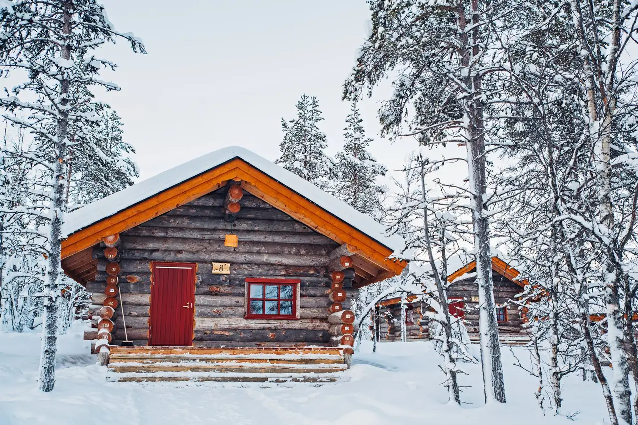 A log Small Cabin with a red door and a snow-covered roof, among whitened pines.