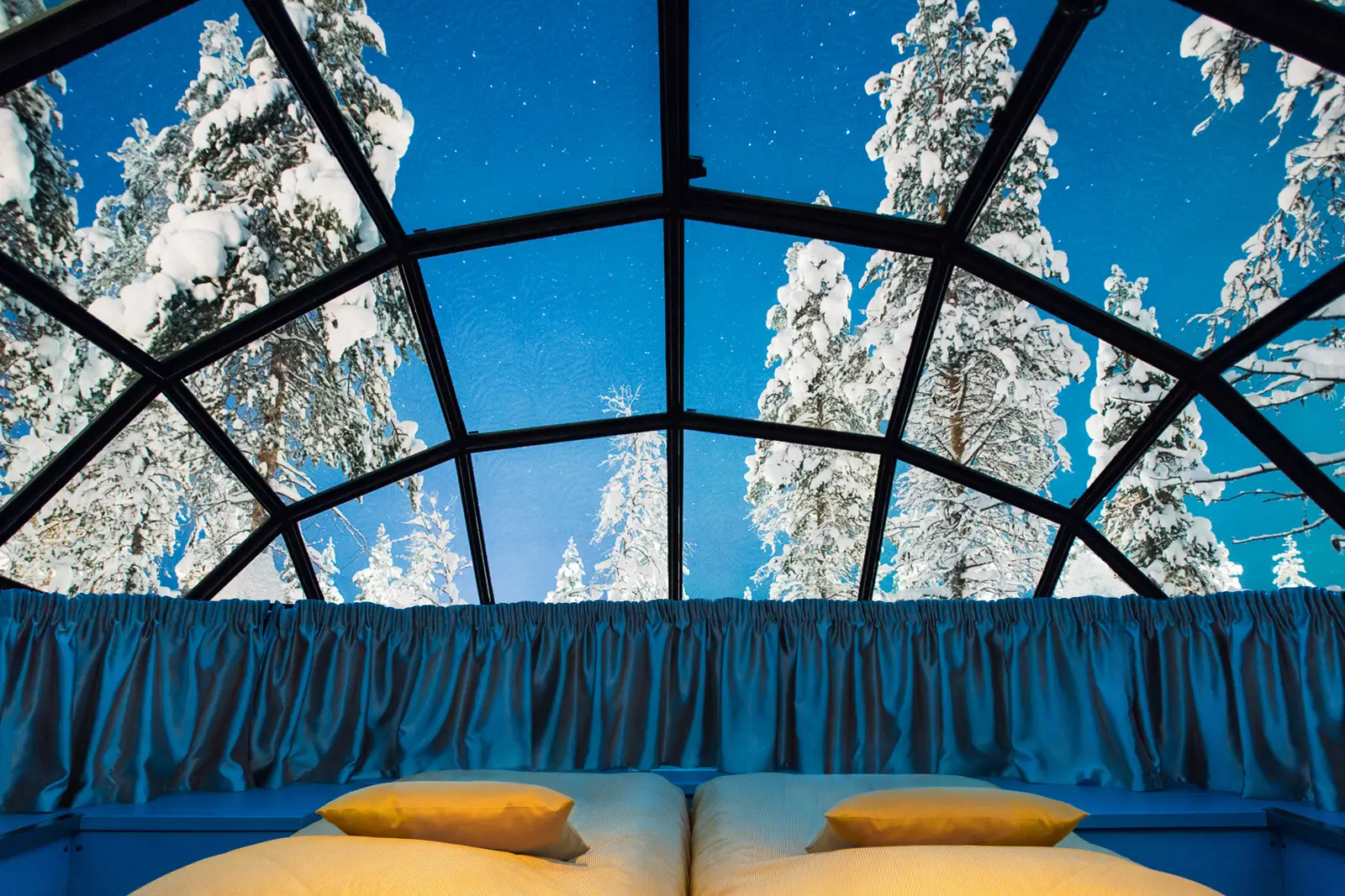 Inside a Small Glass Igloo: 2 beds side by side with yellow cushions under the glass roof, and snow-laden pines above.